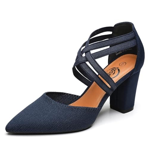Trary Women's Pumps Chunky Closed Pointed Toe Block Heels for Women Dress Shoes Elastic Crisscross Strappy 3.15 Inch Comfortable for Wedding Bridal Navy Blue