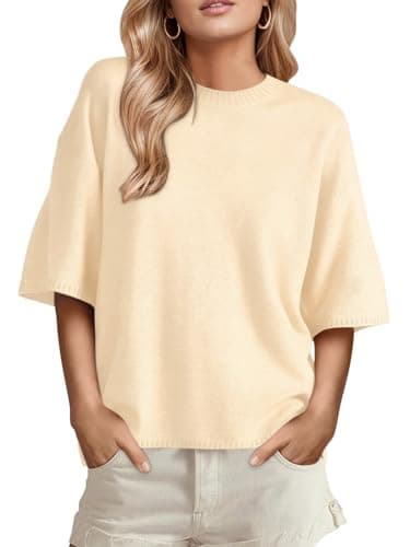 GREAIDEA Womens Short Sleeve Sweater Trendy Oversized Crewneck Cozy Knit Tops 2026 Spring Summer Business Casual Dressy Outfits Shirts Apricot XL