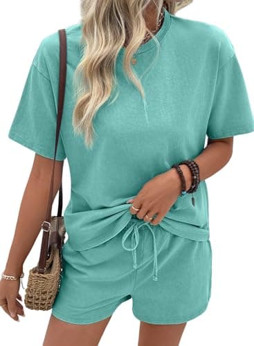 SHEWIN Women's 2 Piece Sets Short Sweat Matching Athleisure Lounge Set Cotton Comfy Clothes 2026 Spring Summer Outfits Airport Loungewear Light Green Size XL