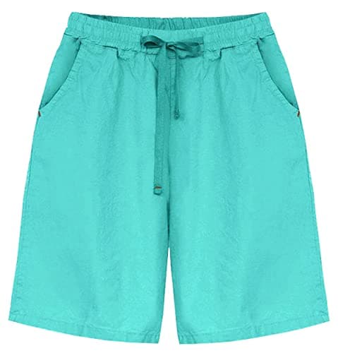Fuwenni Women's Casual Elastic Waist Summer Drawstring Knee Length Bermuda Shorts with Pockets Turquoise US 2XL