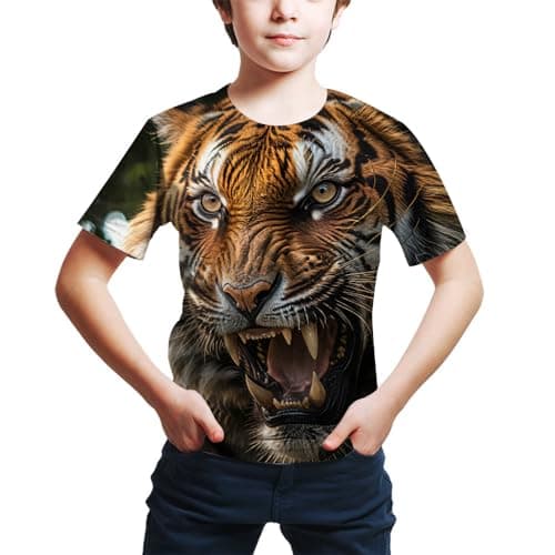 FiveEarl Kids Print 3D Tiger Head Tees Shirts for Youth Boys Girls 4-14 Years (US, Age, 12 Years, Lhu02)