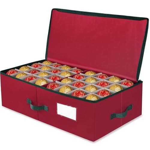BlessedSeason Christmas Ornament Storage Box -Stores Up to 64 3” Balls, Holiday Ornaments Storage with Adjustable Dividers, Visual ID Window, Dual Zipper, Handles, Stackable, Foldable Fabric Organizer