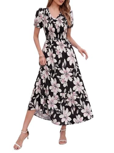 Simplee Womens Boho Floral Maxi Dress Summer Casual Puff Sleeve V Neck Smocked Wedding Guest Beach Dresses with Pockets Black White