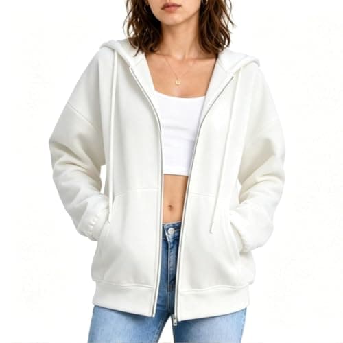 Womens Zip Up Sweatshirt Zipper Casual Jackets Oversized Sweatshirts Cute Lightweight Athletic Fall Plus Size Plain 2026 Fashion Long Sleeve Sports Soft Zip Up Jackets for Women White