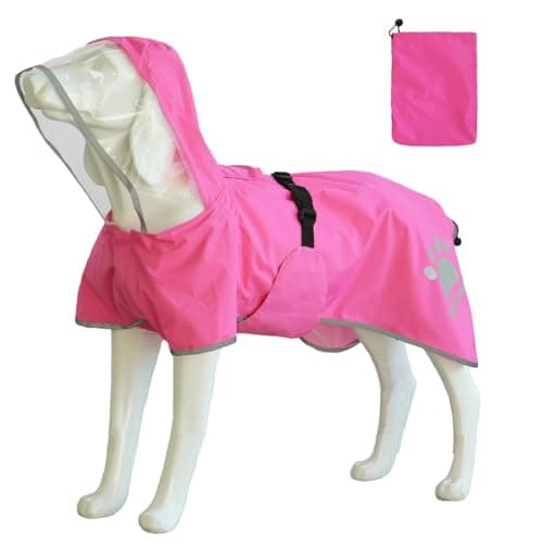 MAMORE Dog Raincoat Hooded Rain Jacket for Small Medium Large Dogs Slicker Poncho Bottom Waterproof Adjustable Reflective Breathable Leash Hole (Pink, XX-Large)