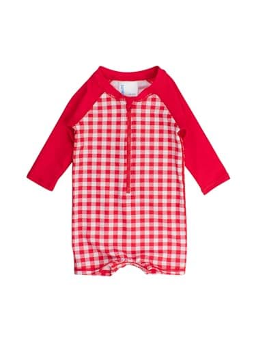 RUGGEDBUTTS Baby/Toddler Boy Swimsuit, One Piece Zipper Rash Guard Sunsuit with UPF 50+ Sun Protection - Vintage Red Gingham, 0-3m
