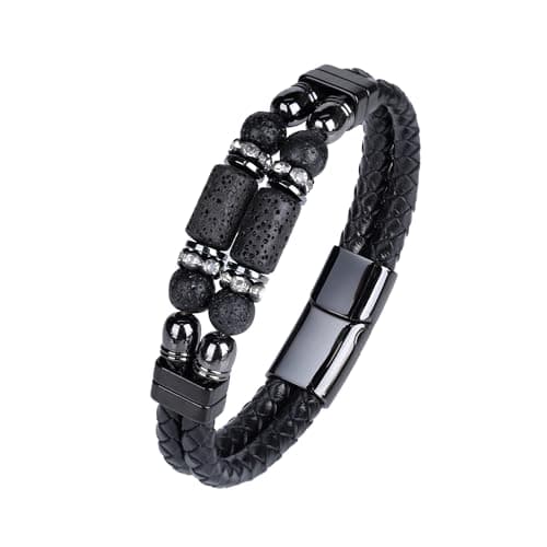 Mrcaois Leather Lava Rock Stone Bracelet Stackable Cuff Multi‑Layer Bangle Bracelet Steel Clasp Father‘s Day Jewelry Gift 8.5 inch