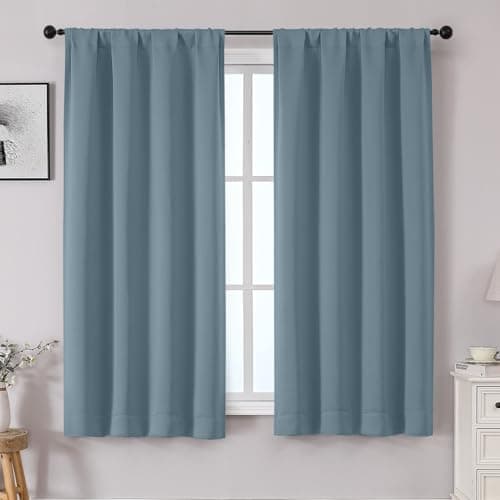 OWENIE Sally Stone Blue Blackout Curtains for Bedroom 63 Inch Length 2 Panels Set, Solid Thermal Insulated Energy Saving Rod Pocket Window Treatment Curtains Blackout Drapes, W40 x L63, Stone Blue