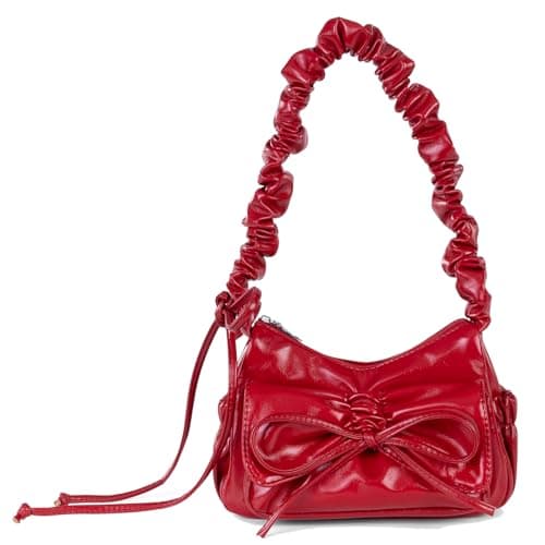 shoowyees Evening Y2k Silver Hobo Purse Women Sparkly Silver Purse Satchel Metallic Tote Handbag Clutch Shoulder Bag (Red-Bow)