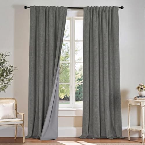 PONY DANCE Linen 100% Blackout Curtains 90 inches Long for Bedroom, 2 Pcs