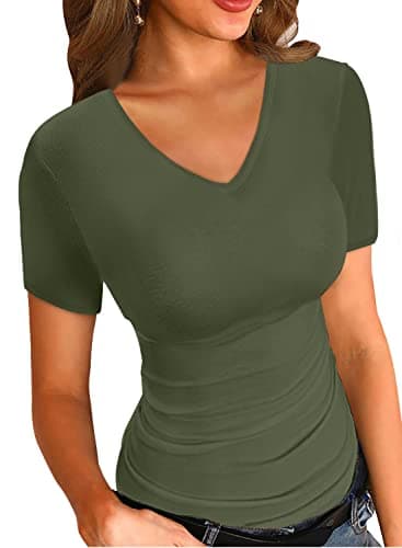 LOLONG Womens Tops V Neck Short Sleeve Casual Ribbed Summer Basic T Shirts
