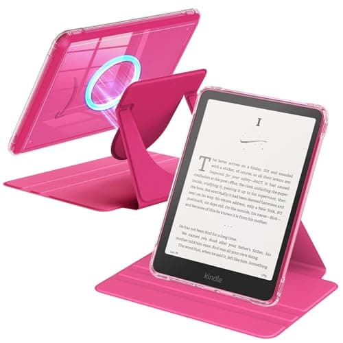 MoKo 360° Rotating Case for 7" Kindle Paperwhite 12th Generation 2024 & Kindle Colorsoft 2024/2025, Clear Back Detachable Magnetic Protective Adjustable Stand Cover with Auto Wake/Sleep, Raspberry