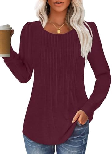 GKBK Women Long Sleeve Shirts Fall Tops Dressy Pleated Scooped Neck Tunic Tops for Leggings Wine Red M