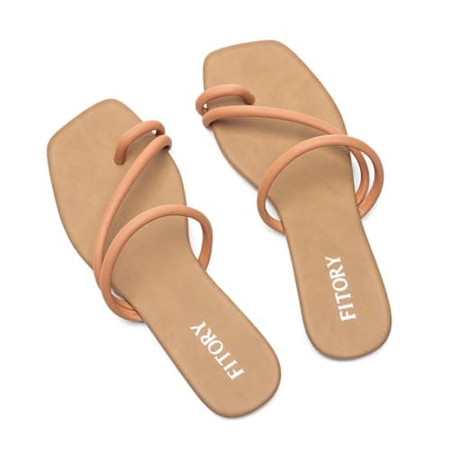 FITORY Women's Cross Strap Flat Sandals,Fashionable Toe Ring Thong,Open Toe Slide Shoes for Summer Camel Size 6