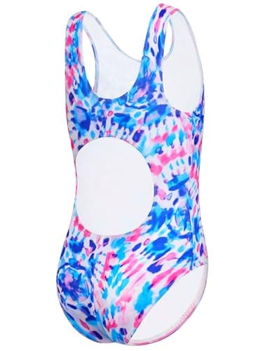 Swimsuit for Girls Size 10-12 Years Old Blue Pink Round Flowers Bathing Suit with UPF 50+ Sun Protection