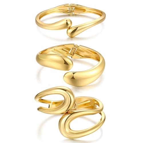 Dodder Chunky Gold Bangle Bracelets for Women, 14K Gold Plated Bangle Cuff Bracelet Set, Chunky Big Gold Bracelet Stack