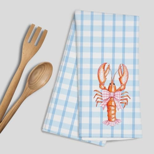 PaJiaNi Bow Lobster Towels for Kitchen Bathroom Decor, Coastal Beach Decorative Lobster Party Towels for Kitchen Decor, Beach Hand Towels for Bathroom, Crawfish Lobster Lover Gifts,16x24 Inch