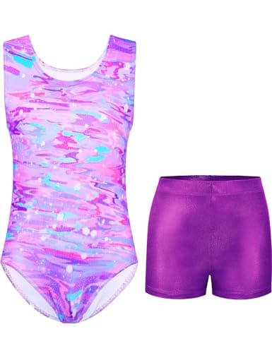 Kirinkylin Girls Gymnastics Leotards 6-7 Years Pink Purple Snow Dots Athletic Outfits Tank Top with Shorts