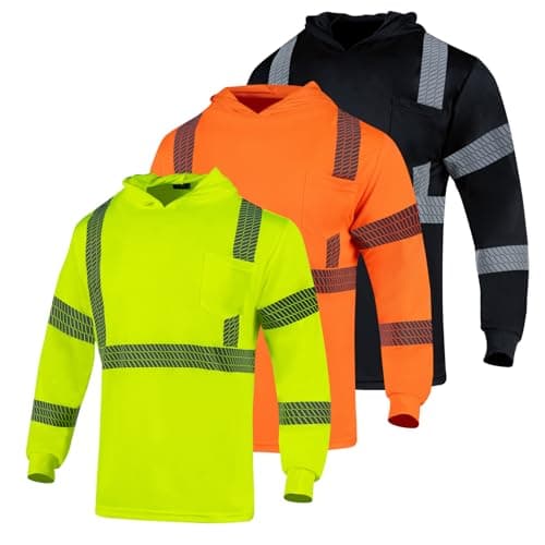 VENDACE 3pcs Safety Reflective High Visibility Long Sleeve Shirts ANSI Class 3 Hi Vis Construction Work T Shirts for Men with Hood(YOBK,2XL)