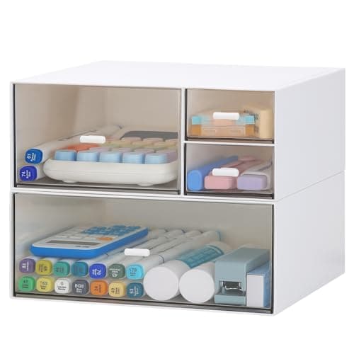 Desk Office Stationery Organizer with 4 Drawers, Desktop Vanity Makeup Organizer, Plastic Sundries Cosmetic Storage Organizer for Bathroom Counter or Dresser (White-4 Drawer)