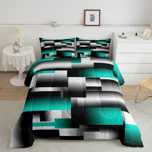 jejeloiu Teal Gray Black Abstract Comforter Set Queen Size 3Pcs