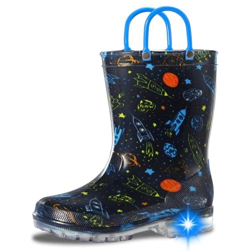 WILLPORT Kids Waterproof Light Up Rain Boots,Blue Spaceship,6 Toddler