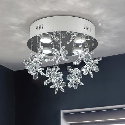Aol furin 4-Lights Modern Chandelier K9 Crystal Lighting Fixture,11.8 Inch Round Silver Stainless Steel Flush Mount Ceiling Lights for Bedroom Foyer Hallway Dining Room,GU10 Bulbs Include
