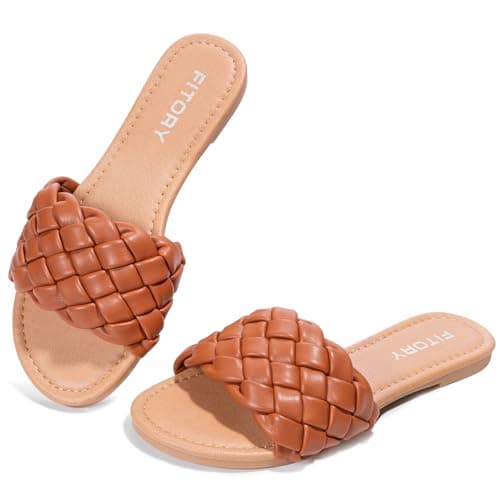 FITORY Womens Flat Sandals Fashion Round Open Toe Slip On Slides with Braided Strap Slippers for Summer Size Brown 10