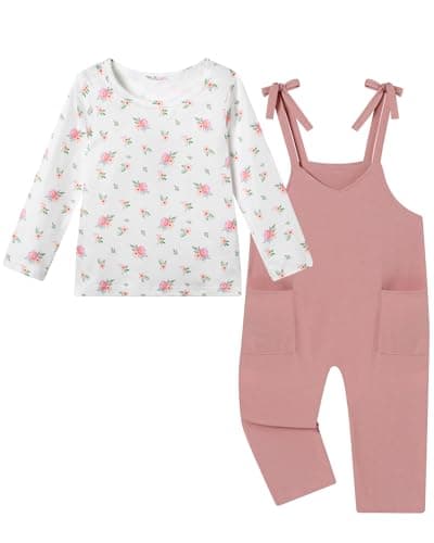 Latnnut Jumpsuits for Girls Girls Fall Clothes Pink Print Crewneck Top with Adjustable Tie Straps Pink Jumpsuit with Pockets 6-7 Years