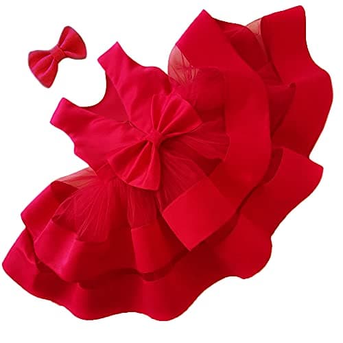 Baby Girl Easter Backless Dresses Bowknot Toddler Ball Gown Ruffles Christmas Formal Dress Tutu Frocks (Red,80)