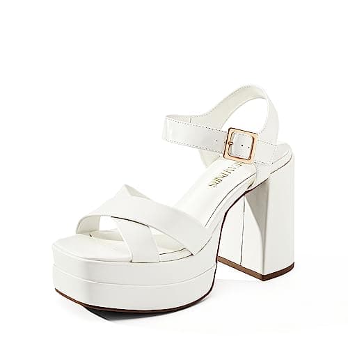 DREAM PAIRS Women's Platform Chunky Heels Square Open Toe Ankle Strap High Heeled Sandals Y2K Shoes for Party Brunch,Size 7.5,White,SDHS2330W