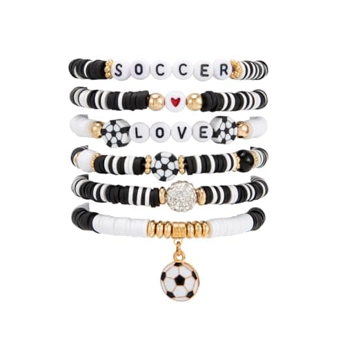 Salircon World Soccer Game Day Cup Bracelet for Women, Clay Friendship Jewelry Stackable Beaded Bracelets for Sports Team Coach Mom Women Men Jewelry Accessories Sports Party Favors (Soccer Love)