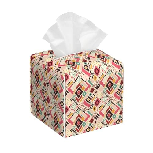 POIUBLE Tissue Box Holder Tribal Geometric Tissue Box Cover Square Leather Tissue Holder Organizer Portable Decorative Facial Paper Case for Home Office Bathroom Vanity Countertop