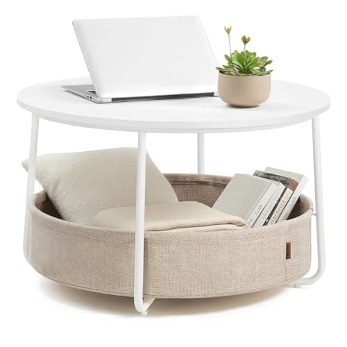VASAGLE Round Coffee Table with Storage, Fabric Basket, Metal Frame