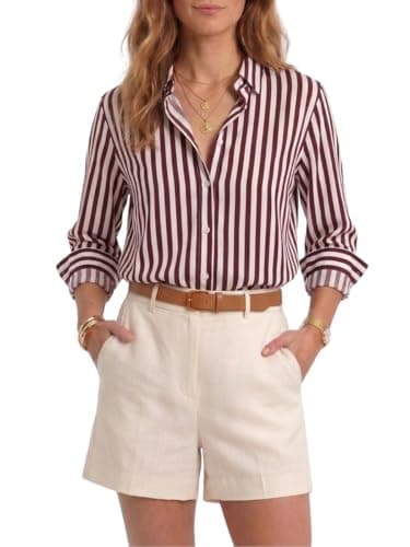 Women’s Long Sleeve Button Down Shirt, Classic Striped Blouse with Pearl Buttons, Casual & Dressy Tops for Women, Comfortable Polyester Blouse for Work & Everyday Wear (Wine Red)-XL