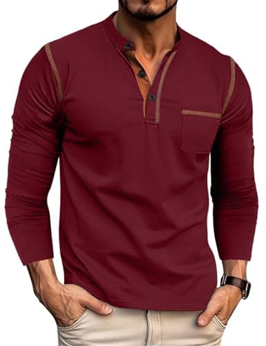 QOSOQ Men's Henley Shirt Long Sleeve T-Shirt Casual Top Pullover Lightweight Top Shirts with Button Red