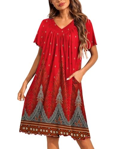 Ekouaer Nightgowns for Women Short Sleeve House Dress with Pockets Pleated Soft Moomoo V Neck Sleepwear,Red Floral,XXXL