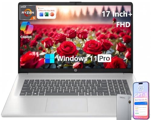 HP 17 Inch Laptop, 17.3" FHD IPS Display, AMD Ryzen 5 7430U (Up to 4.5GHz), 20 GB RAM, 512 GB SSD, Wi-Fi 6, Bluetooth 5.4, Windows 11 Pro, Copilot AI Key, Numeric Keypad, w/RECOLX AI Voice Recorder