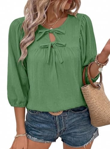 SHEWIN Womens Blouses 3/4 Sleeves Fall Tops for Womens Dressy Casual Babydoll Puff Sleeve Tie Front Green Tops 2026 Elegant Loose Ladies Shirts Trendy Boutique Fall Clothes XLarge