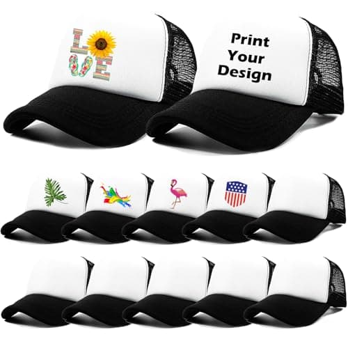 Popuid 12 Pack Sublimation Blank Mesh Trucker Hats Bulk, DIY Heat Press Baseball Hat Pack, Sports Outdoor Snapback Cap (Black, 12)