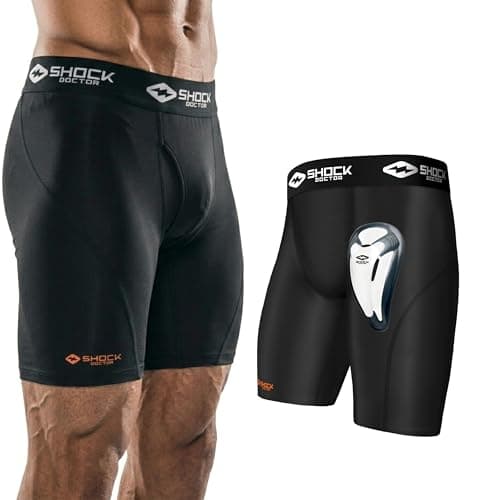 Shock Doctor Compression Shorts with Protective Bio-Flex Cup, Moisture Wicking Vented Protection, Black, Adult, Small