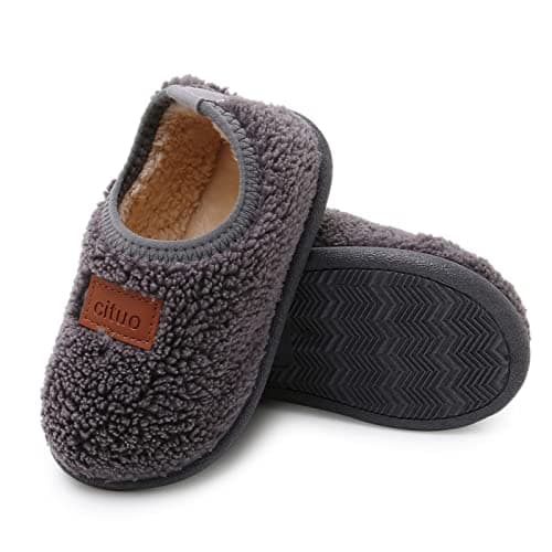 RVROVIC Boys Girls House Warm Slippers Fuzzy Winter Soft Slippers for Kids Fleece Non-slip Toddler Home Indoor Shoes (6-6.5M Toddler,Insole 14cm,1-Grey)