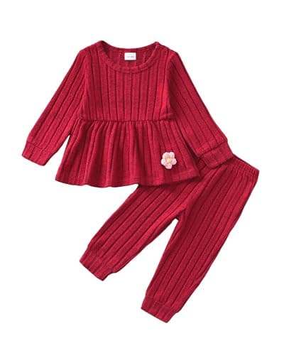 Mioglrie Baby Girl Clothes 18-24 Months Fall Winter Toddler Girl Outfits Wine Red Rib Clothing Sweatshirt Top Cute Solid Causal Pants Set