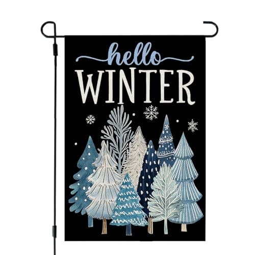 CROWNED BEAUTY Hello Winter Garden Flag Trees 12x18 Inch Double Sided Blue Decoration for Outside Yard CF1902-12