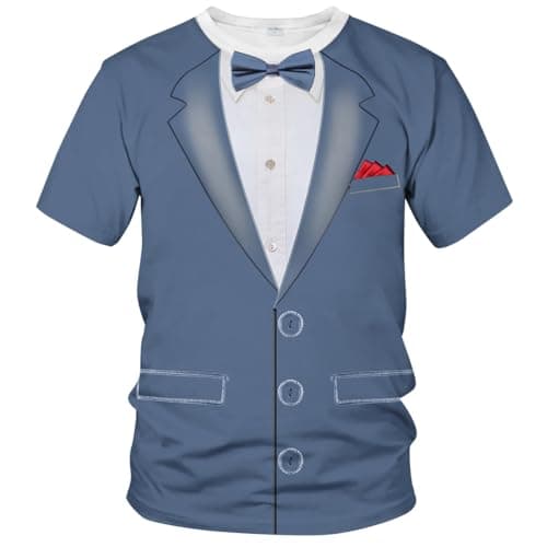 Blissboy Mens Tuxedo T Shirt, Faux Suit Print Graphic Tee with Bow Tie, Novelty Party Costume-Style Shirt, Unisex Adult,Light Blue,XL