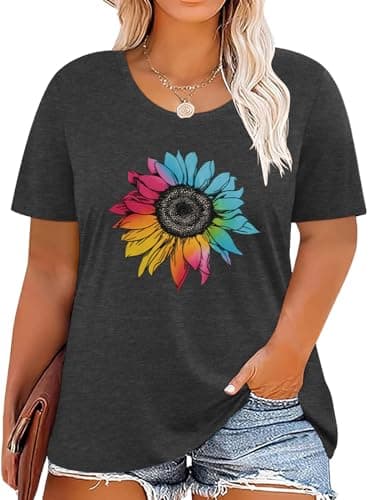 Plus Size Shirts for Women Dandelion Print T Shirts Cute Graphic Flower Tees Short Sleeve Summer Top