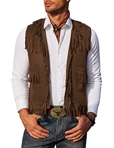 COOFANDY Men's Rodeo Vest Western Cowboy Vest Casual Fringe Hippie Costume V Neck Zipper Suede Leather Waistcoat