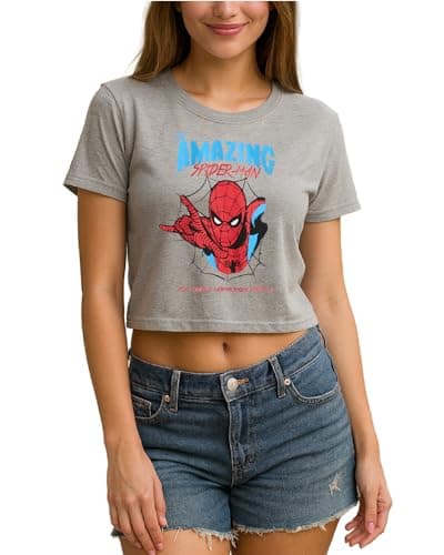 Marvel Spider-Man Womens Graphic Tees - Cropped Baby Tee Tank Top & Full Length Crewneck Graphic Shirts Size Up for Ideal Fit, Size X-Large, Spider-man Heather Grey