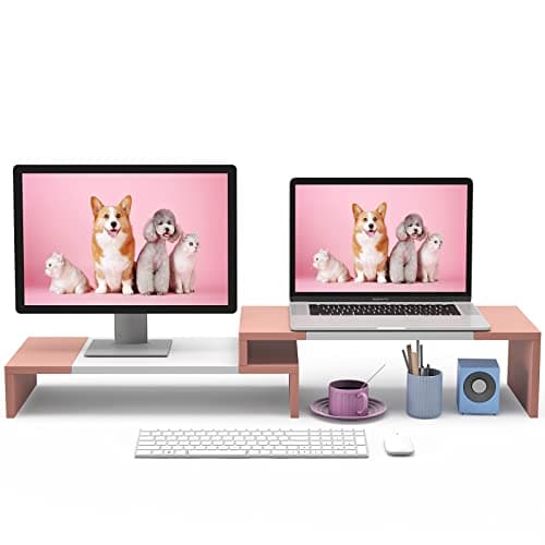 WESTREE Dual Monitor Stand - Monitor Stand Riser - 2 Shelf Computer Monitor Stand with Adjustable Length and Angle, Monitor Stands for 2 Monitors, Desktop Organizer Stand Office Furniture for PC, Computer, Laptop