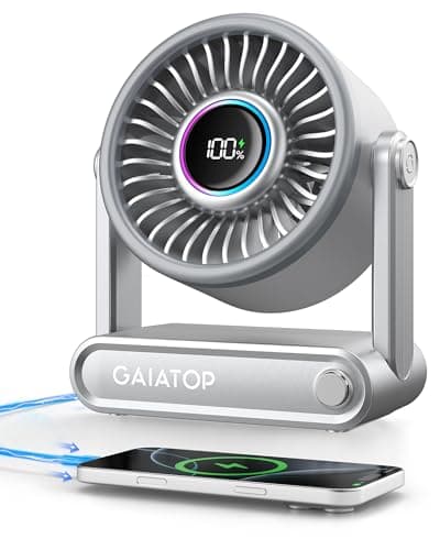 Gaiatop Portable Quiet Desk Fan, 6000mAh Rechargeable Battery Fan with RGB Ring, 18Hrs Runtime, 5-Speed Strong Wind, Bedroom Office Desk Accessories, Gifts for Women Men Teens, Silver